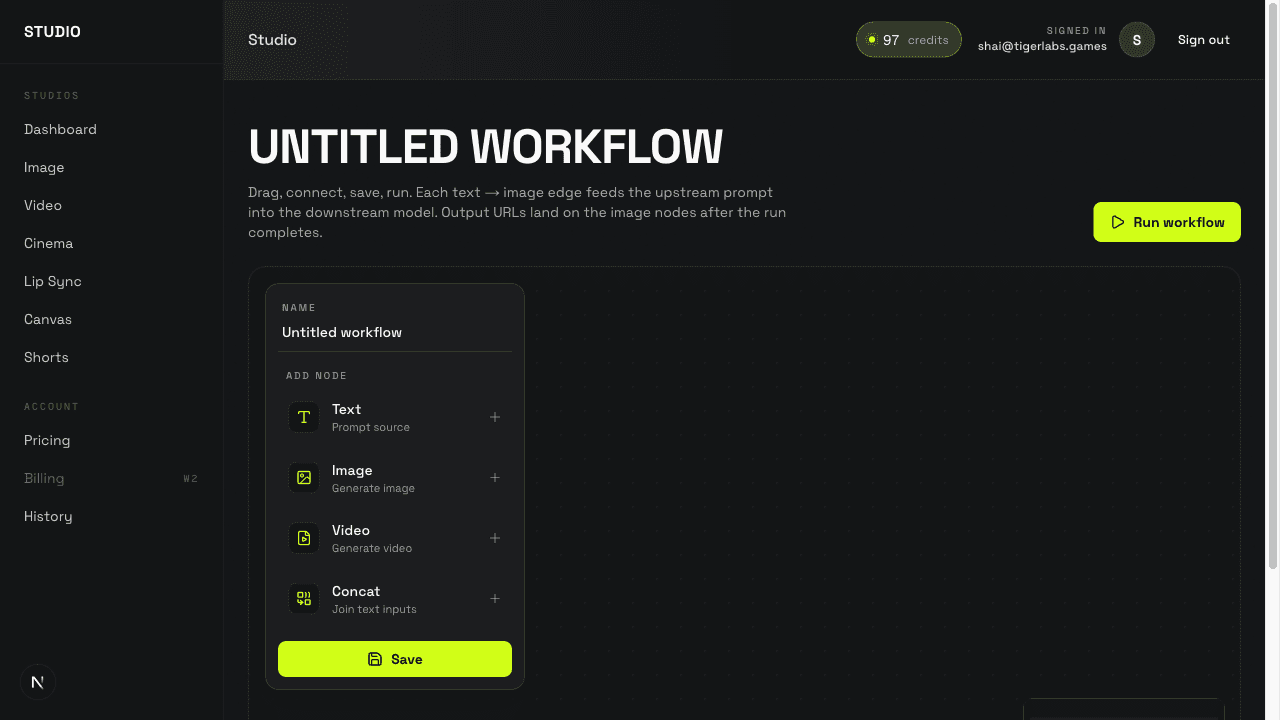 The canvas editor: a node-graph workspace for chaining text, image, and video models