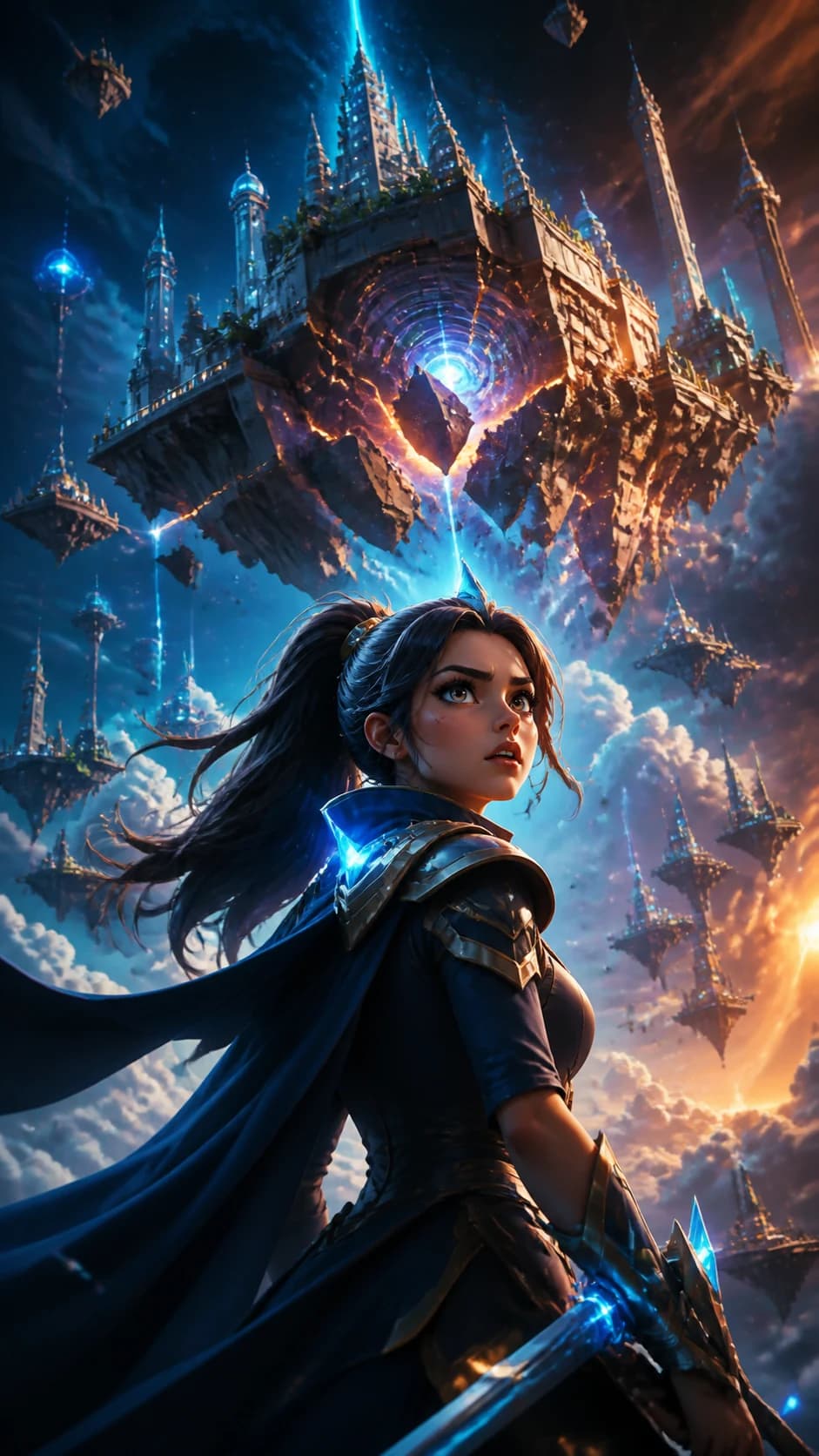 Fictional mobile game cinematic hook showing a commander beneath a fractured floating city