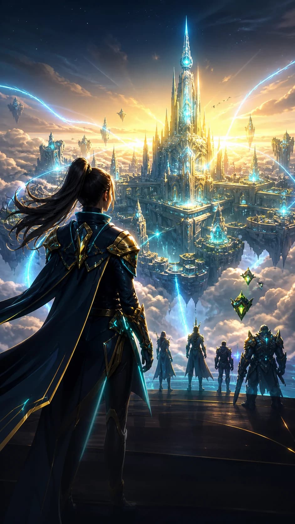 Fictional mobile game payoff showing the restored floating city at sunrise